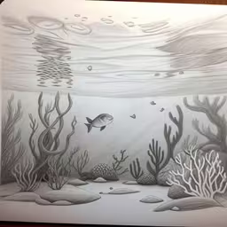 a drawing of an underwater scene with a fish in the water,a drawing with some fishes and algae in it,a drawing of sea animals with a fish,a pencil drawing of some corals and fish,a drawing of sea creatures in a penciled in sketch