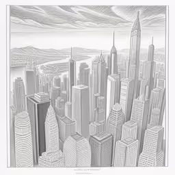 an artwork of the cityscape from above,a city skyline is drawn in pencil