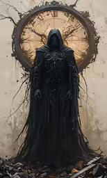 a large black robe holding a sword on a dark background