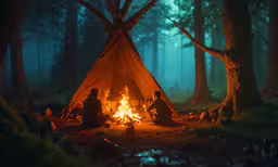a couple of people sitting around a fire,two people sitting in front of a campfire
