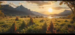 a painting of mountains and grassy land with the sun setting