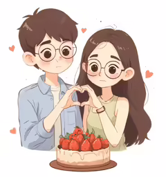 a couple standing in front of a strawberry cake