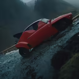 a car is lying on its side in a mountain stream