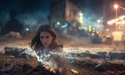 the woman is sitting in the debris of a street at night