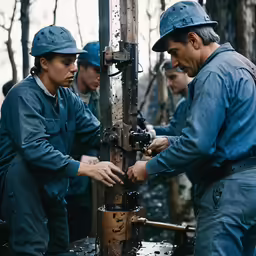 men in blue jackets are standing near a wooden structure