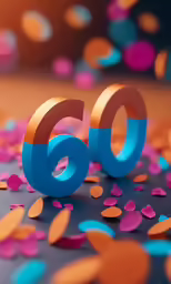 the number sixty sits among the confetti and streamers