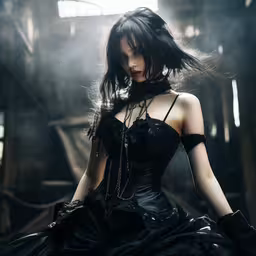 a woman wearing black corset with an elaborate dress and glove,a woman in black is sitting on the ground