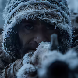 man with winter gear and a cold coat is looking straight ahead