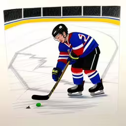 a drawing of a hockey player about to take a shot