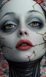 the corpse - hunter is dressed in white and black makeup with rose flowers