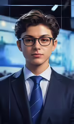 a young man is in an office suit and glasses
