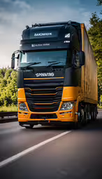 a yellow and black semi truck driving down the road,a black and orange semi truck driving down the highway