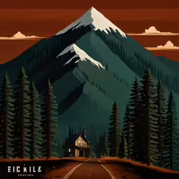 the scene is showing a mountain and road with a church and evergreen trees