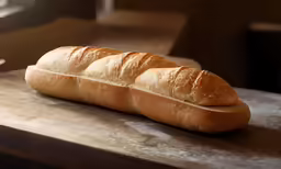 two bread rolls sitting on top of a wooden counter