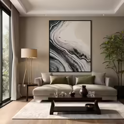 a large abstract painting is over the couch of a living room