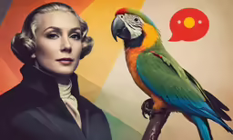 a woman is standing in front of a painting with a parrot on her shoulder