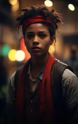 a person in a red scarf looking at the camera