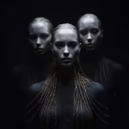 three mannequins stand in the dark with white face paint