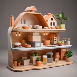 a model of a doll house and accessories