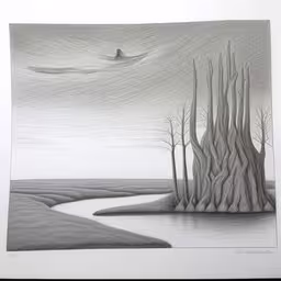 this is a drawing of trees on the water,a painting with trees in the background with a boat floating on the water,an illustration of trees in the distance,a drawing of a surreal landscape in gray ink,a drawing depicting a tree lined river in a swamp