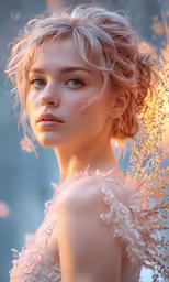 the woman is posing wearing a large white dress