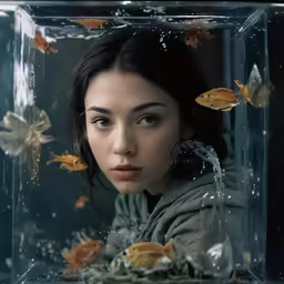 a woman looks through an empty aquarium
