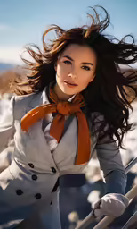 a beautiful woman in a coat and tie with a suitcase