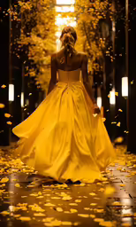 a woman in a yellow dress is walking on a runway