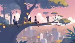 a couple sit on a branch with a tree near a city