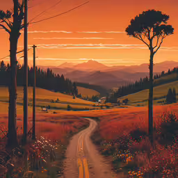 the countryside has a road with yellow grass and trees in it,there is a dirt road leading to a distant mountain range