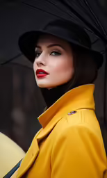 a woman in yellow coat, hat and red lipstick holding an umbrella