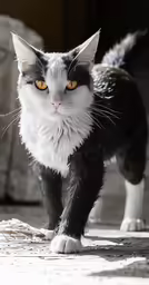 a black and white cat walking down a sidewalk
