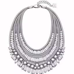 a long white beaded necklace on a metal chain,the necklace with beads is white and has a silver chain,the silver necklace is set on top of a chain,a necklace on a white background with clipping to the top,a large white necklace with multiple sections of beads on it