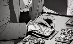 a person wearing a suit is holding a card,a person with a black and white picture of money at their desk