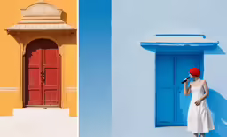 a woman wearing a red hat standing in a window next to an orange and blue house