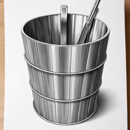 a drawing of a metal bucket on white paper