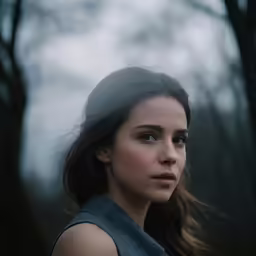 there is a beautiful young woman standing in front of some trees