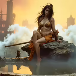 a beautiful woman wearing a bikini sitting on a rock