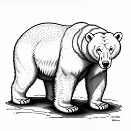 a black and white drawing of a polar bear,a white bear is standing on the ground