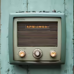 an old radio sitting on top of a wooden wall