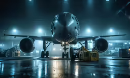 a passenger airplane sits at the airport during the fog