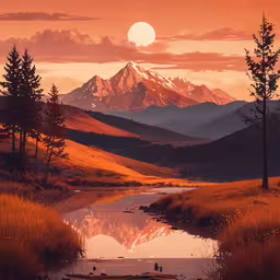 the view of a mountain range with the water and trees reflecting in the still water,a mountain range is shown as the sun sets over a stream