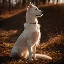 a white dog sitting in the grass and sunlight shining