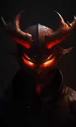 a person in the darkness with glowing orange eyes and a horned demon mask