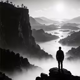 a man standing on top of a cliff overlooking the sea
