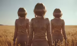 three children standing in a field looking at something