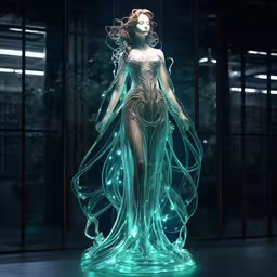 a woman that is in the dark with lights,a woman standing in a long flowing dress