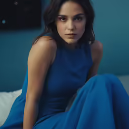 a beautiful woman sitting on a bed with her legs crossed