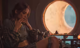 a woman sitting in a window looking at the ground