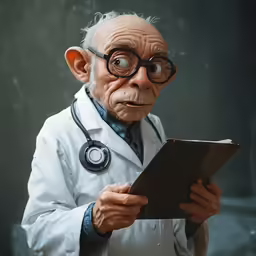 a cartoon man reading something on a tablet